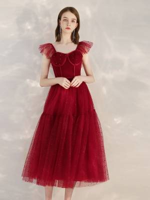 Burgundy Tulle Short/Mini Prom Homecoming Dress