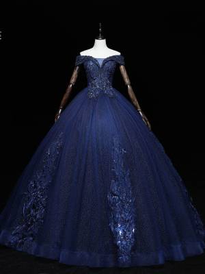 Dark/Blue Tulle Lace Off-the-shoulder Ball Gown Long Prom Sweet 16 Dress