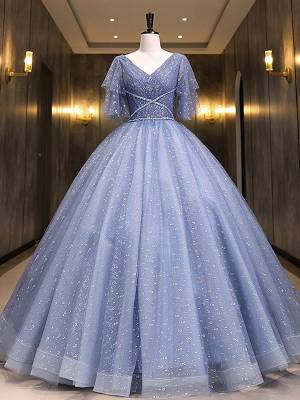 Gray/Blue Tulle V-neck Long Prom Sweet 16 Dress