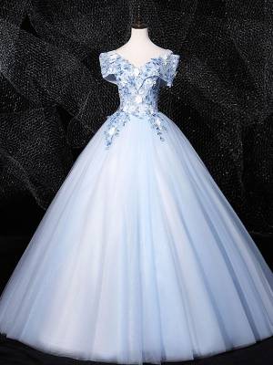 Blue Tulle Lace V-neck Ball Gown Long Formal Sweet 16 Dress