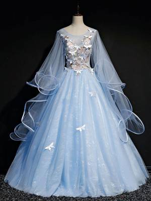 Blue Tulle Lace Round Neck Long Prom Sweet 16 Dress