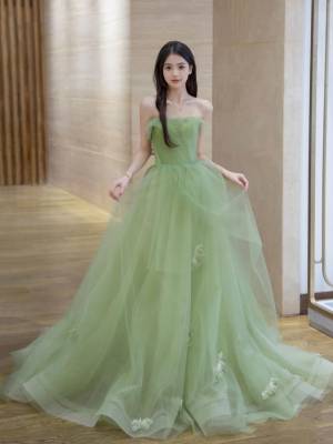 Green Tulle A-line Long Prom Formal Evening Dress