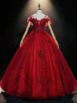 Burgundy Tulle Lace Off-the-shoulder Long Prom Formal Dress