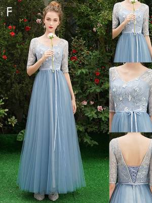 Blue Lace A-line Simple Long Prom Bridesmaid Dress