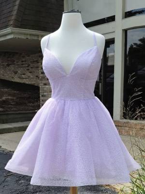 Spaghetti Straps Tulle V-neck Short/Mini Purple Prom Homecoming Dress