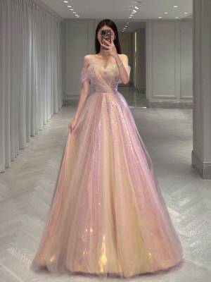A-line Tulle Off-the-shoulder With Sequin Long Prom Formal Graduation Dress