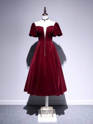 Burgundy A-line With Velvet Tea-length Prom Bridesmaid Dress
