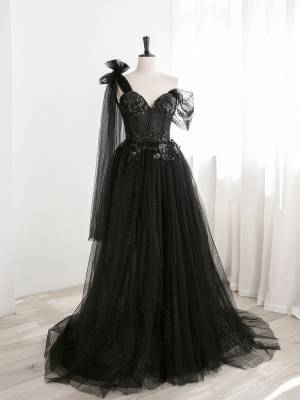 Black Tulle One Shoulder A-line Long Prom Formal Dress