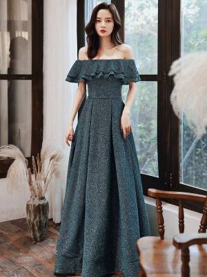 Green Off-the-shoulder Simple Long Prom Formal Dress