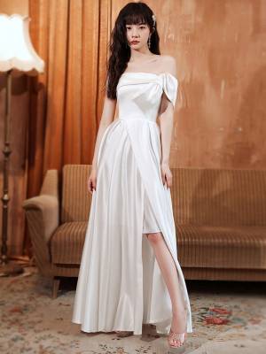 White Satin A-line Long Prom Evening Dress