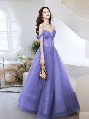 Purple Tulle Sweetheart Long Prom Formal Evening Dress