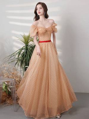 Champagne Tulle Sweetheart A-line Long Prom Evening Dress