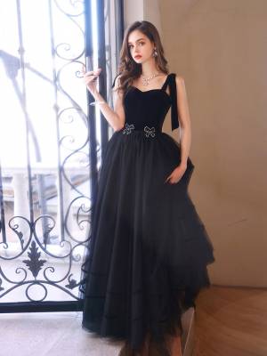 Black Tulle Sweetheart Long Prom Formal Dress
