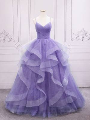 Purple Tulle V-neck Long Prom Sweet 16 Dress