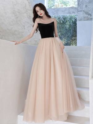 Champagne Tulle A-line Simple Long Prom Formal Dress