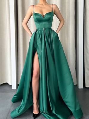 Sexy Green Satin Simple Long Prom Formal Evening Dress