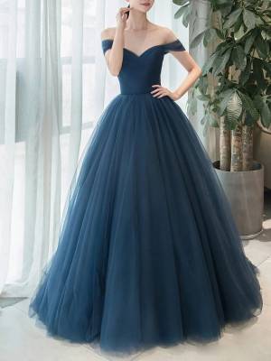 Mermaid Simple A Line Blue Tulle Off-the-shoulder Bridesmaid Dress