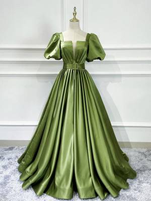 Green Satin A-line Long Prom Formal Evening Dress