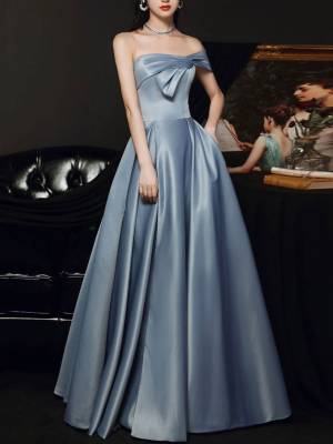 A Line Strapless Gray/Blue Satin Prom Dress