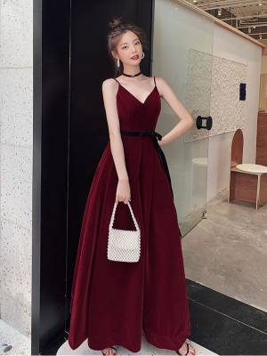 Burgundy V-neck With Velvet Simple Long Prom Evening Dress