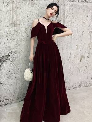 Off-the-shoulder Long Burgundy Prom Formal Evening Dress With Velvet