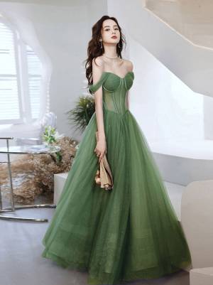 A-line Green Tulle Sweetheart Long Prom Evening Dress