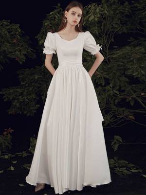 White Satin Simple Long Prom Bridesmaid Dress