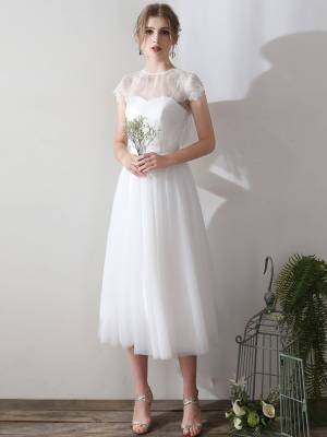 Round Neck White Lace Short/Mini Bridesmaid Dress