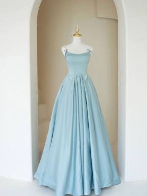 Blue Satin A-line Simple Long Prom Bridesmaid Dress
