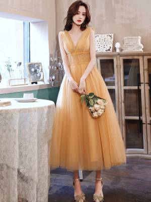 Yellow Tulle V-neck Tea-length Prom Homecoming Dress