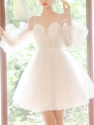 Cute White Tulle Sweetheart Short Prom Homecoming Dress