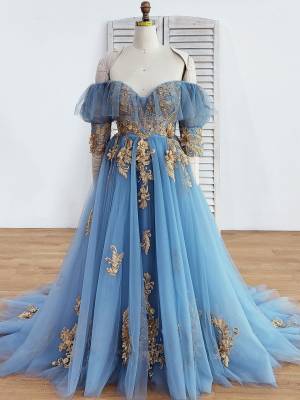 Blue Lace Sweetheart Off-the-shoulder Long Prom Evening Dress