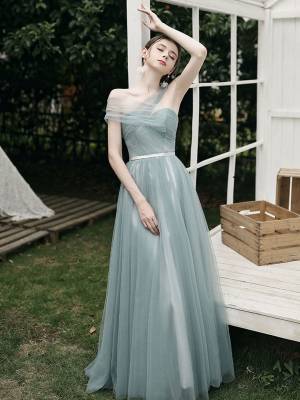 Green Tulle A-line Simple Long Prom Bridesmaid Dress