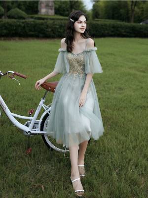 Gray/Green Tulle Lace Short/Mini Prom Bridesmaid Dress