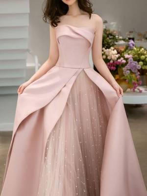 Pink Satin Tulle Long Prom Formal Bridesmaid Dress