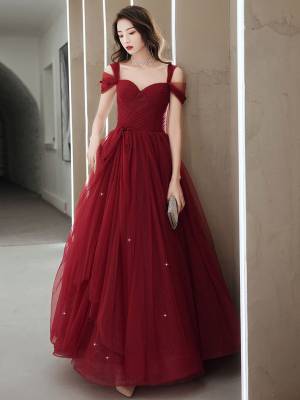 Elegant Burgundy Sweetheart A-line Long Backless Prom Evening Dress