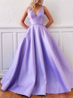 Simple V-neck Purple Satin Long Prom Evening Dress