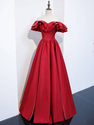 Burgundy Satin A-line Simple Long Prom Evening Dress
