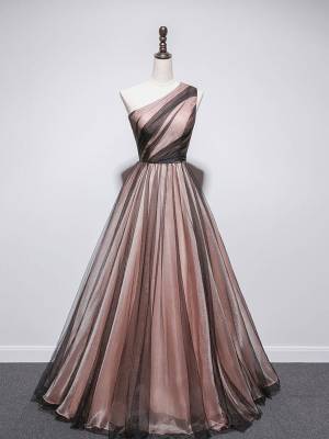 One Shoulder A-line Simple Tulle Long Prom Evening Dress