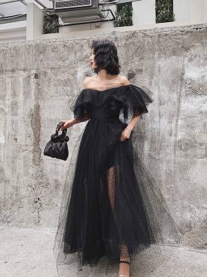 Black Tulle Long Prom Evening Dress