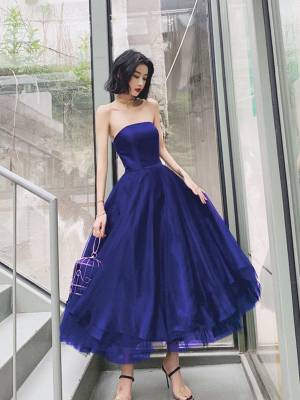 Blue Tulle Tea-length Simple Prom Homecoming Dress