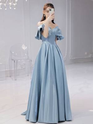 Blue Satin Simple Long Prom Evening Dress
