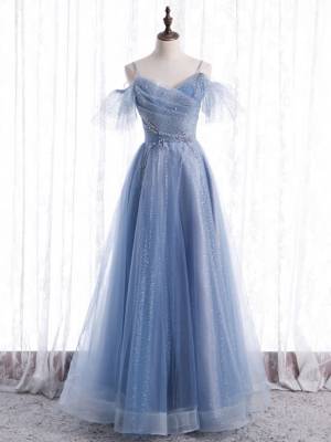 Blue Tulle A-line With Sequin Elegant Long Prom Formal Evening Dress