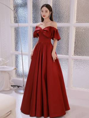 Burgundy Satin A-line Simple Long Prom Evening Dress