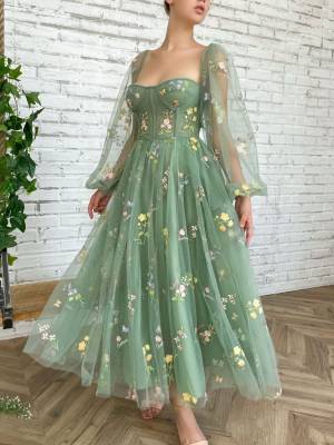 Elegant Green Tulle Long sleeves Tea-length Evening Dress