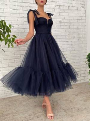 Straps Dark/Blue Tulle Simple Tea Length Formal Dress