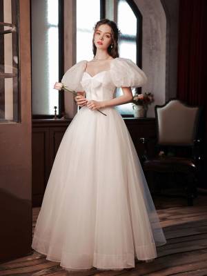 White Tulle Puff-sleeves Long Prom Sweet 16 Dress