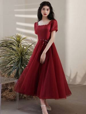 Burgundy Tulle With Beads Tea-length Simple Prom Evening Dress