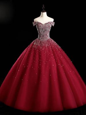 Off-the-shoulder Ball Gown Tulle Long Prom Evening Dress With Beading