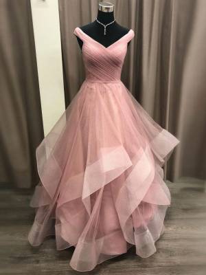 Sexy Pink Tulle V-neck Prom Formal Dress